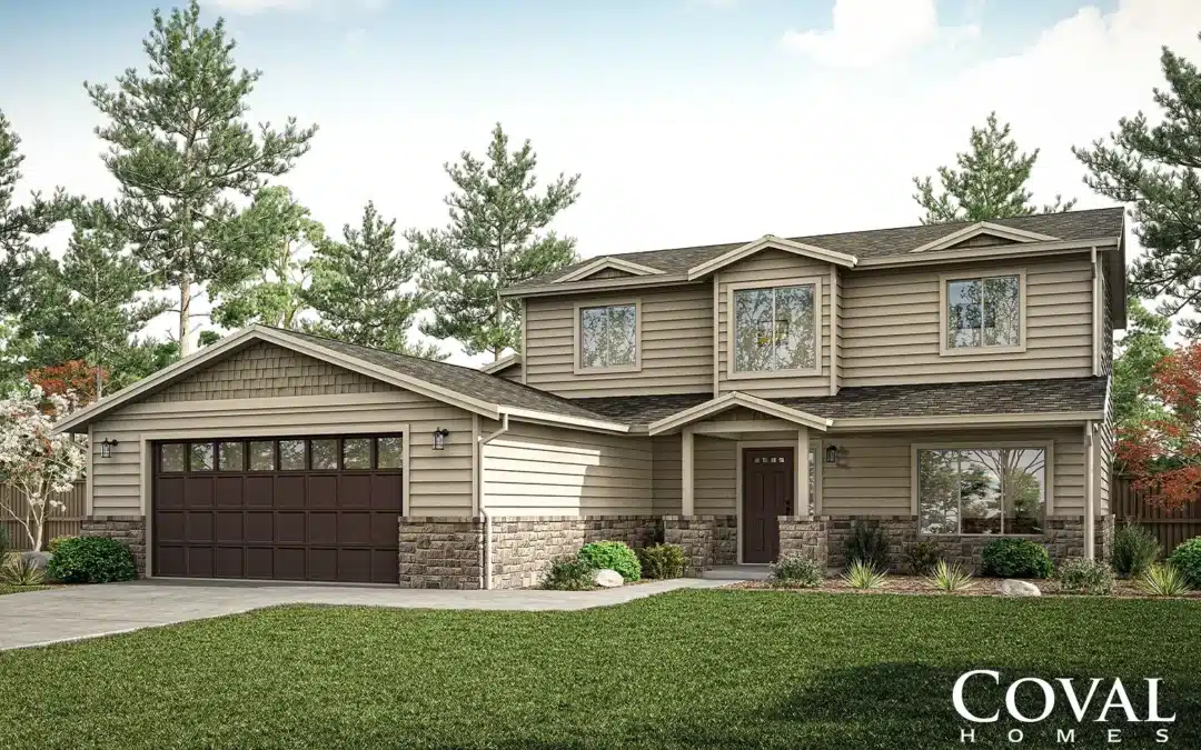 Coval Homes Tahoma home plan exterior featuring traditional Pacific Northwest architecture with horizontal siding, stone accents, brown garage door, and landscaped front yard surrounded by tall pine trees