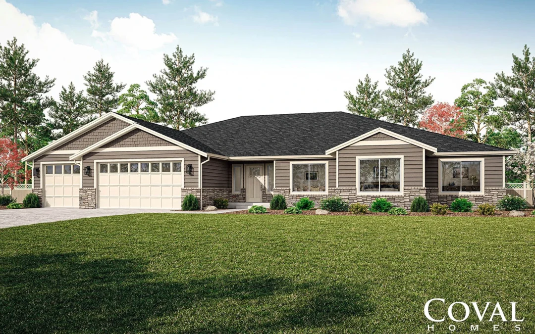 Exterior front view of the Coval Homes Cottonwood building plan showcasing a single-story home with a three-car garage, gabled roof, stone accents, and landscaped front yard.