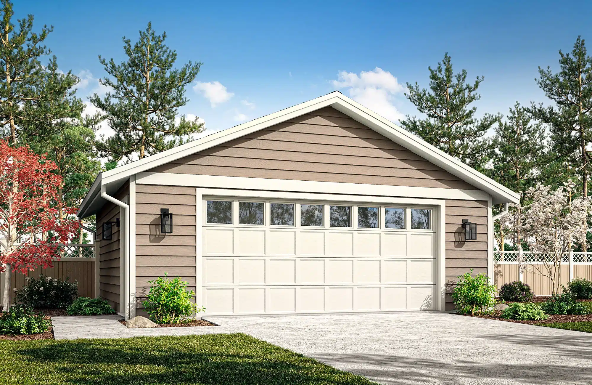 Coval Homes 24x24 detached garage plan with white overhead door, horizontal siding in taupe, gabled roof with soffit, white trim, wall-mounted sconces, manicured landscaping, and tall evergreen trees in background